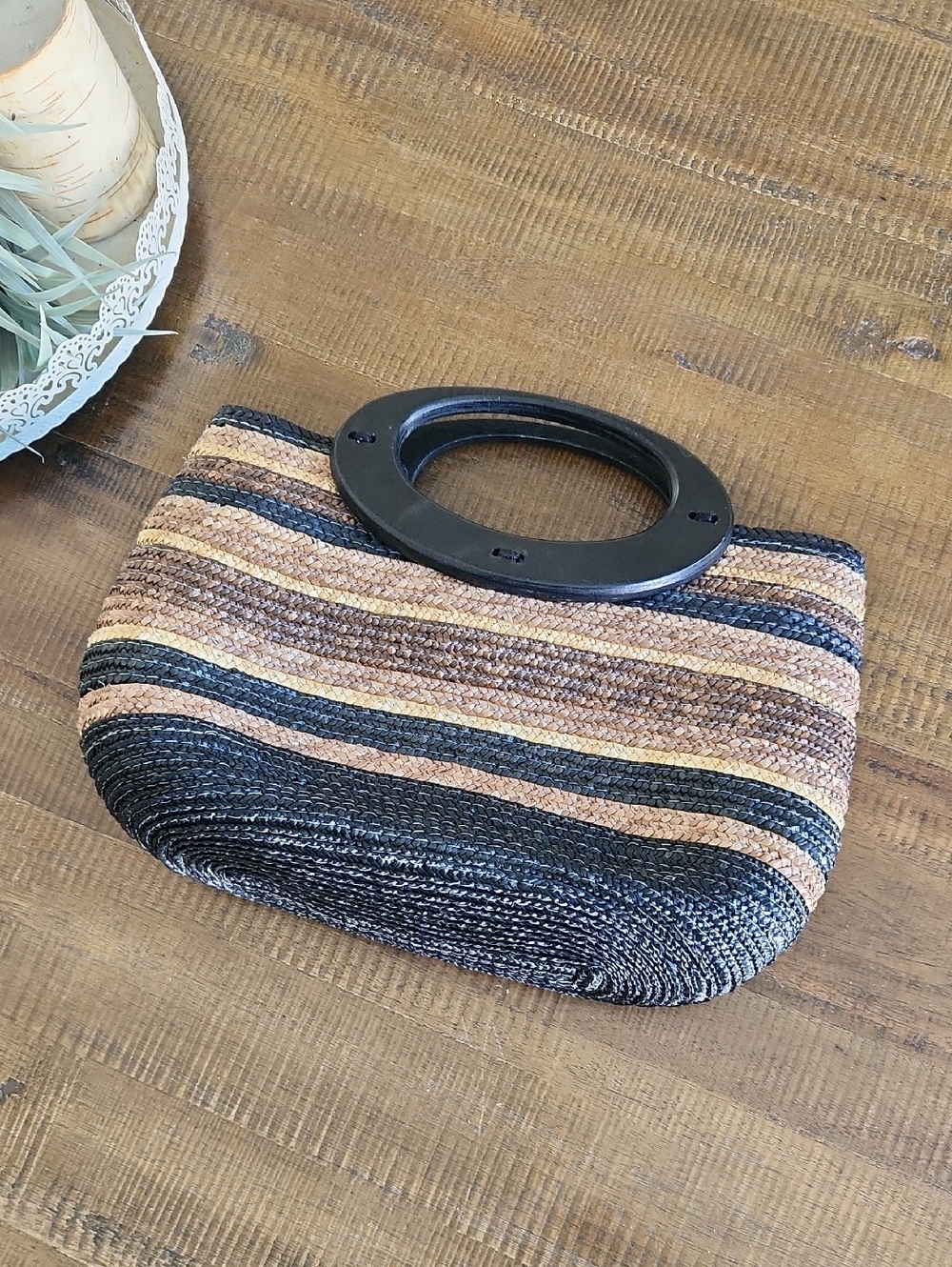 Striped Woven Handbag with Black Circular Handles